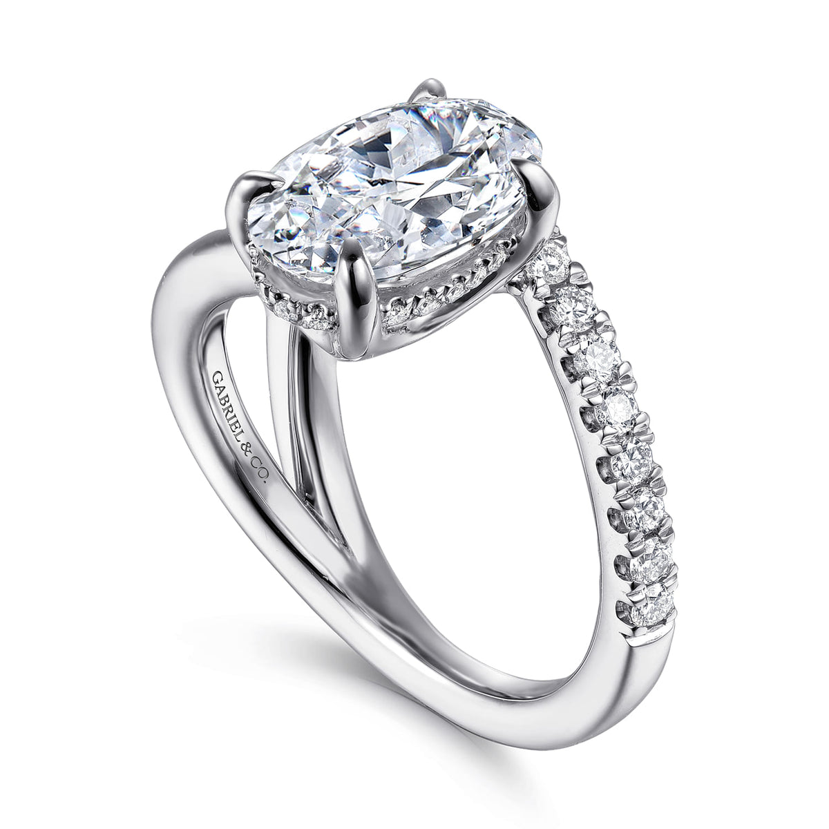 14K White Gold Split Shank Oval Diamond Engagement Ring — Gabriel & Co. ER16966O8W44JJ; center stone shown for illustration, not included