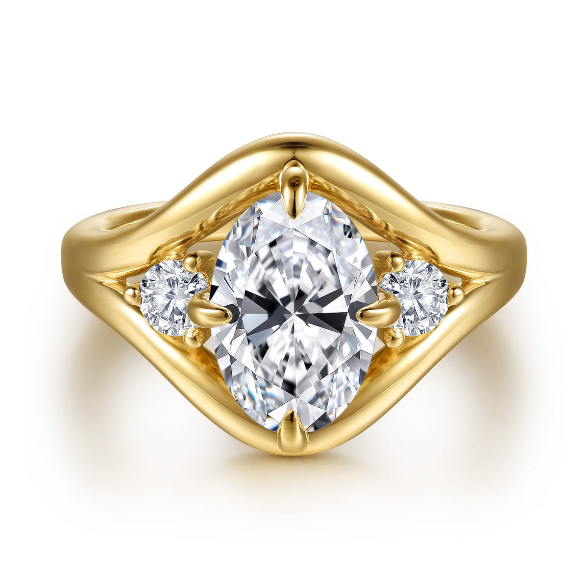 14K Yellow Gold Compass Prong Oval Three Stone Diamond Engagement Ring — Gabriel & Co. ER16970O8Y44JJ; center stone shown for illustration, not included