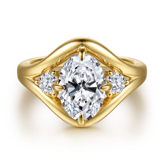 14K Yellow Gold Compass Prong Oval Three Stone Diamond Engagement Ring — Gabriel & Co. ER16970O8Y44JJ; center stone shown for illustration, not included