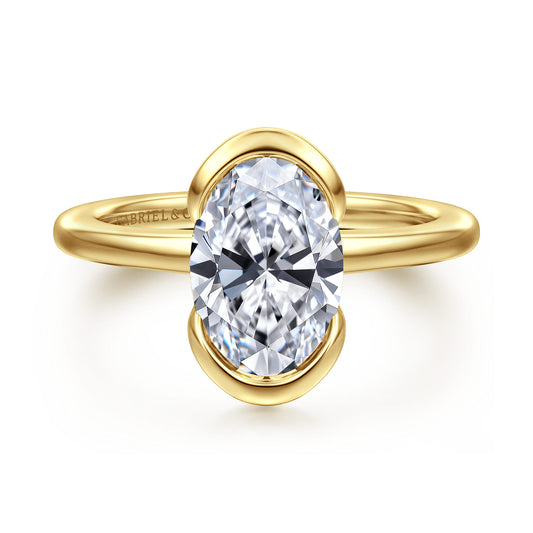 14K Yellow Gold Half Bezel Oval Solitaire Diamond Engagement Ring — Gabriel & Co. ER16974O8Y4JJJ; center stone shown for illustration, not included