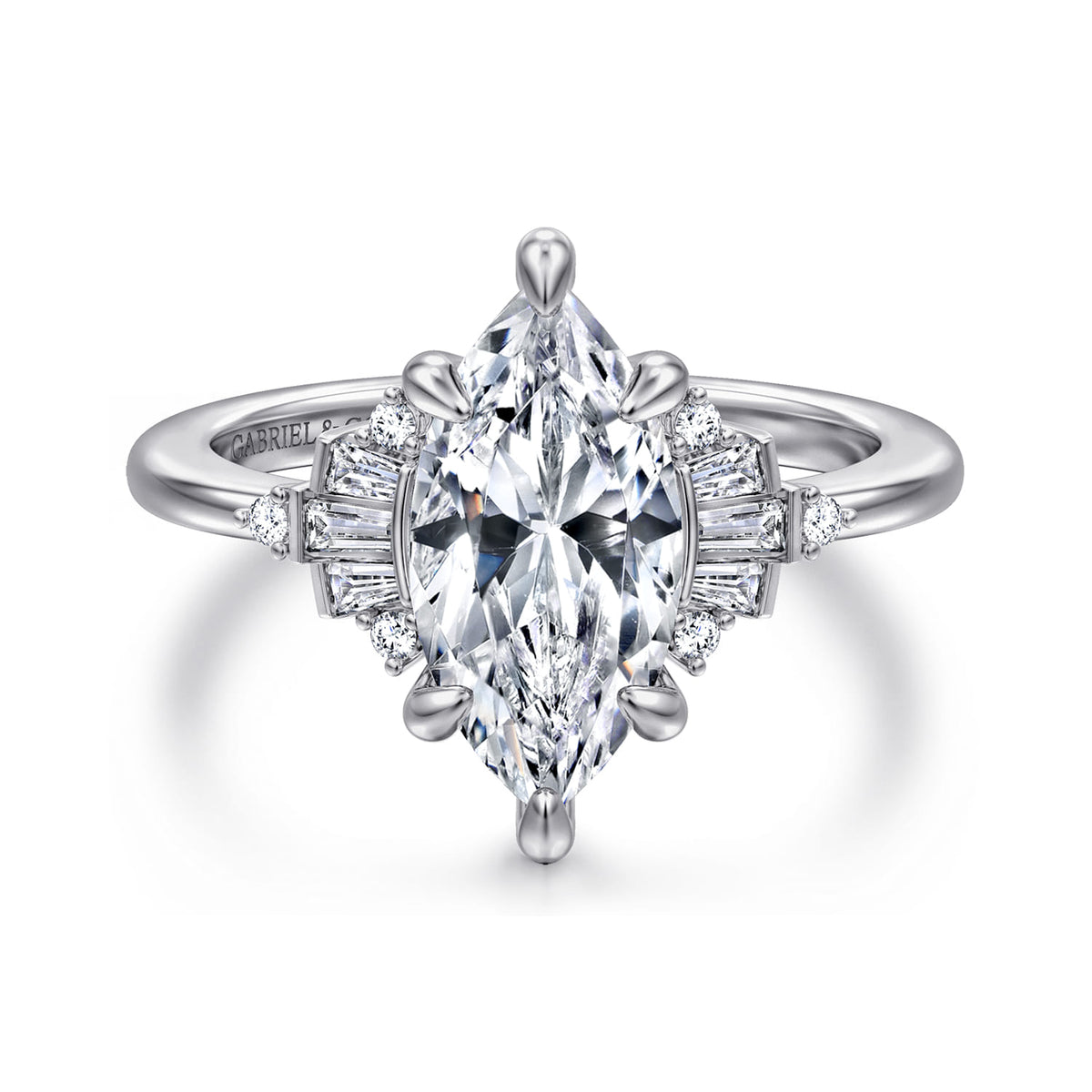 14K White Gold 6 Prong Marquise Shape Diamond Engagement Ring — Gabriel & Co. ER16975M8W44JJ; center stone shown for illustration, not included