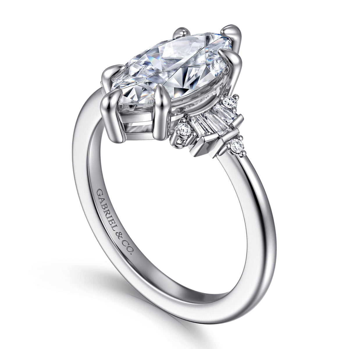 14K White Gold 6 Prong Marquise Shape Diamond Engagement Ring — Gabriel & Co. ER16975M8W44JJ; center stone shown for illustration, not included
