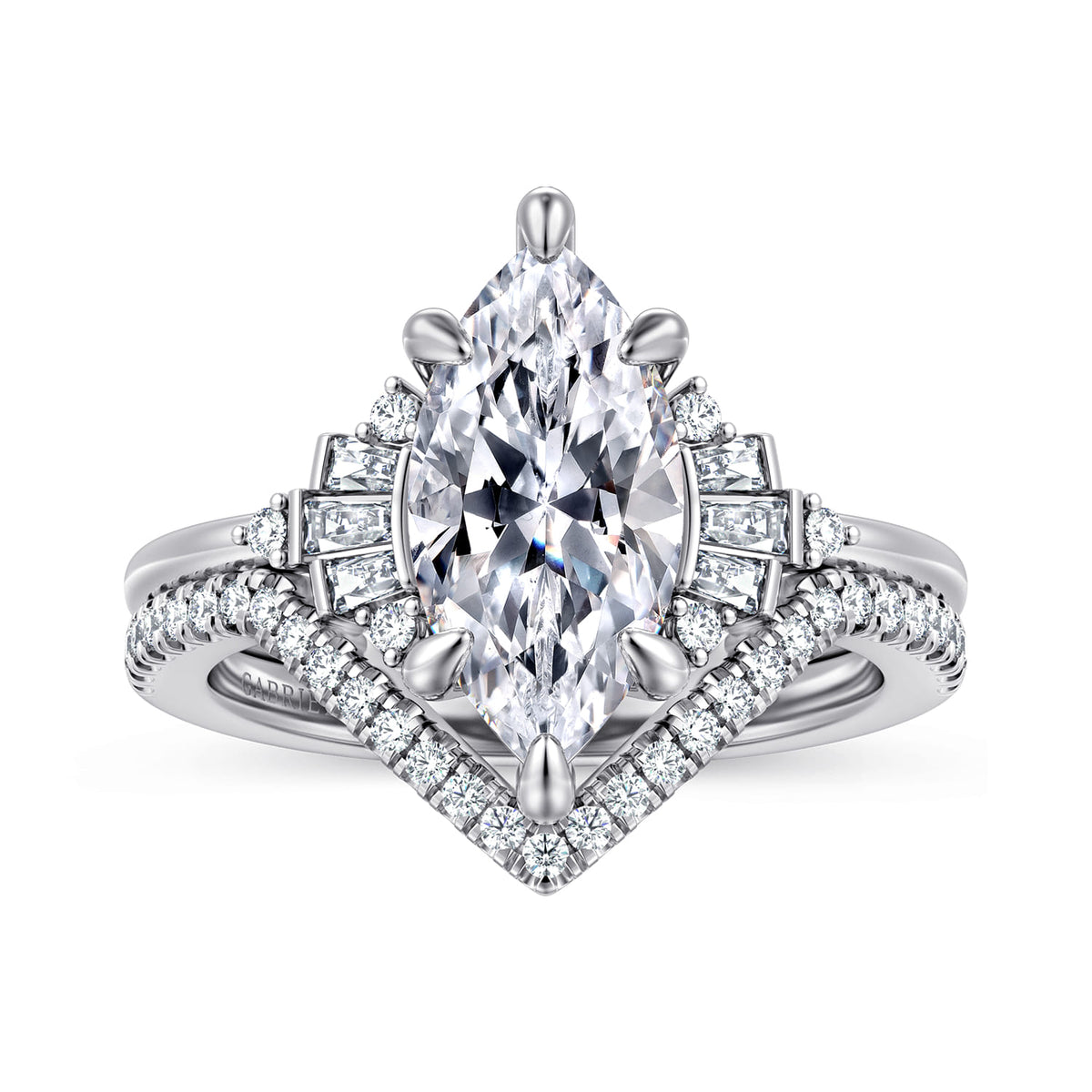 14K White Gold 6 Prong Marquise Shape Diamond Engagement Ring — Gabriel & Co. ER16975M8W44JJ; center stone shown for illustration, not included