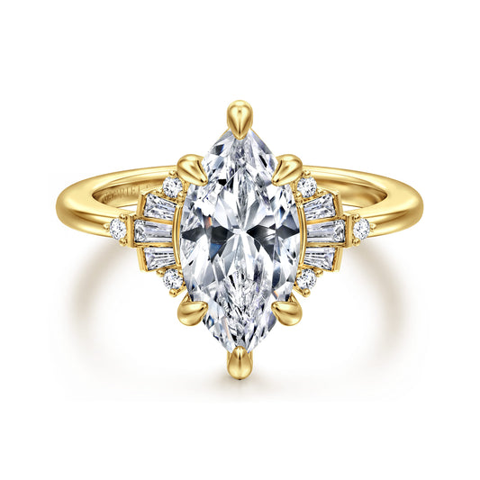 14K Yellow Gold 6 Prong Marquise Shape Diamond Engagement Ring — Gabriel & Co. ER16975M8Y44JJ; center stone shown for illustration, not included