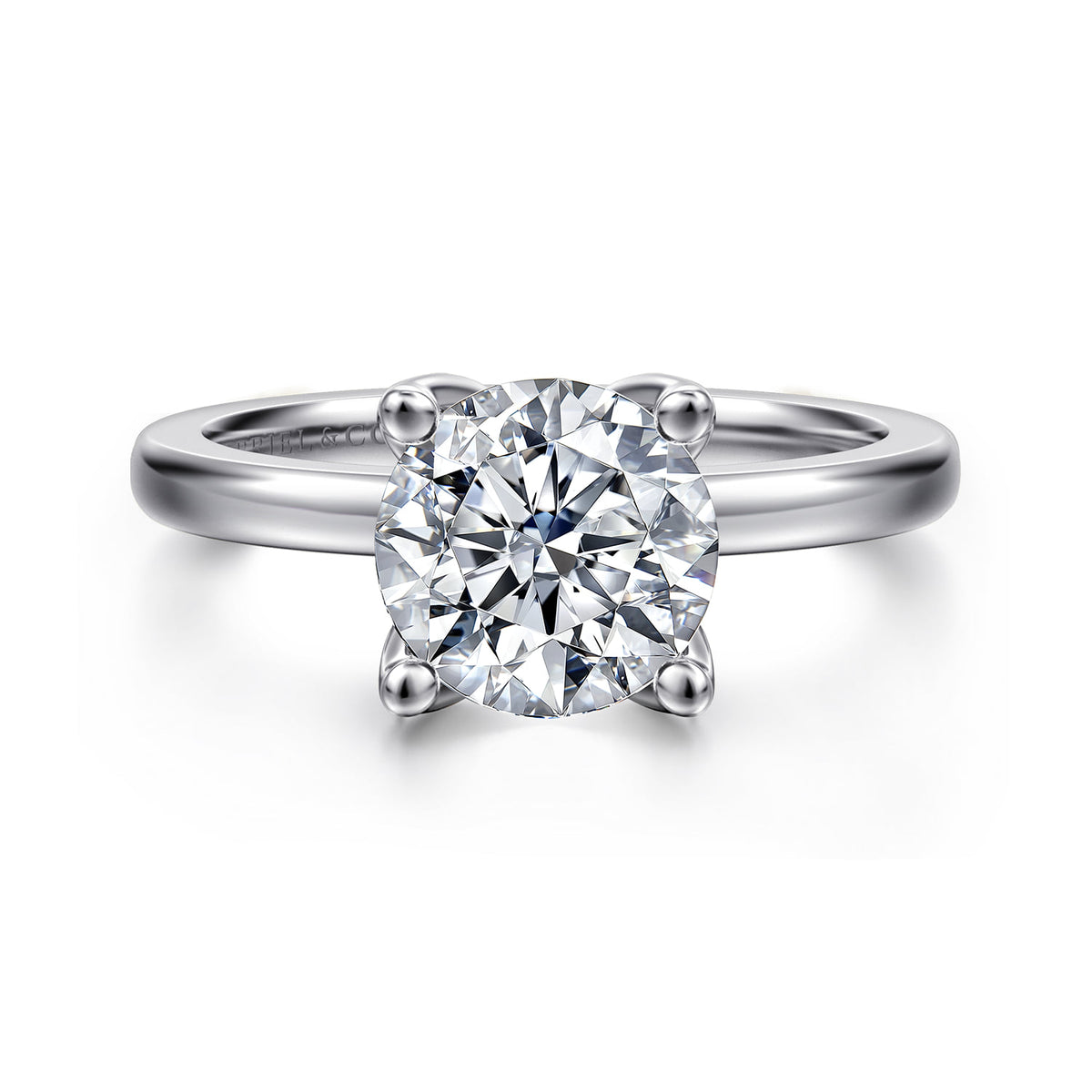 14K White Gold Round Solitaire Diamond Engagement Ring — Gabriel & Co. ER16976R8W44JJ; center stone shown for illustration, not included