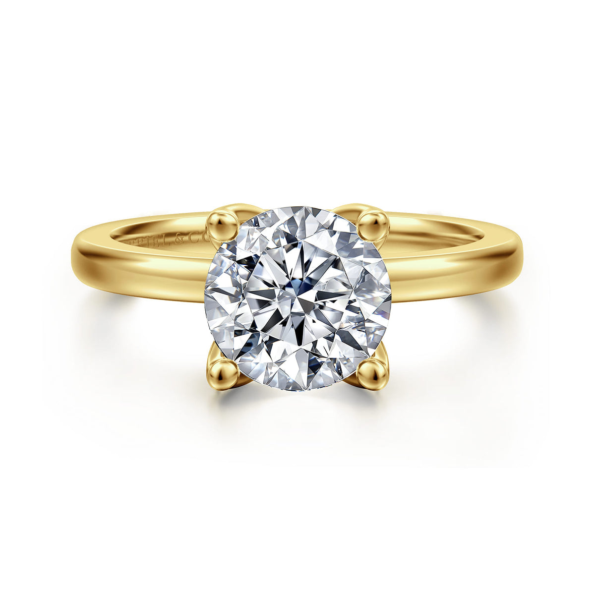 14K Yellow Gold Round Solitaire Diamond Engagement Ring — Gabriel & Co. ER16976R8Y44JJ; center stone shown for illustration, not included
