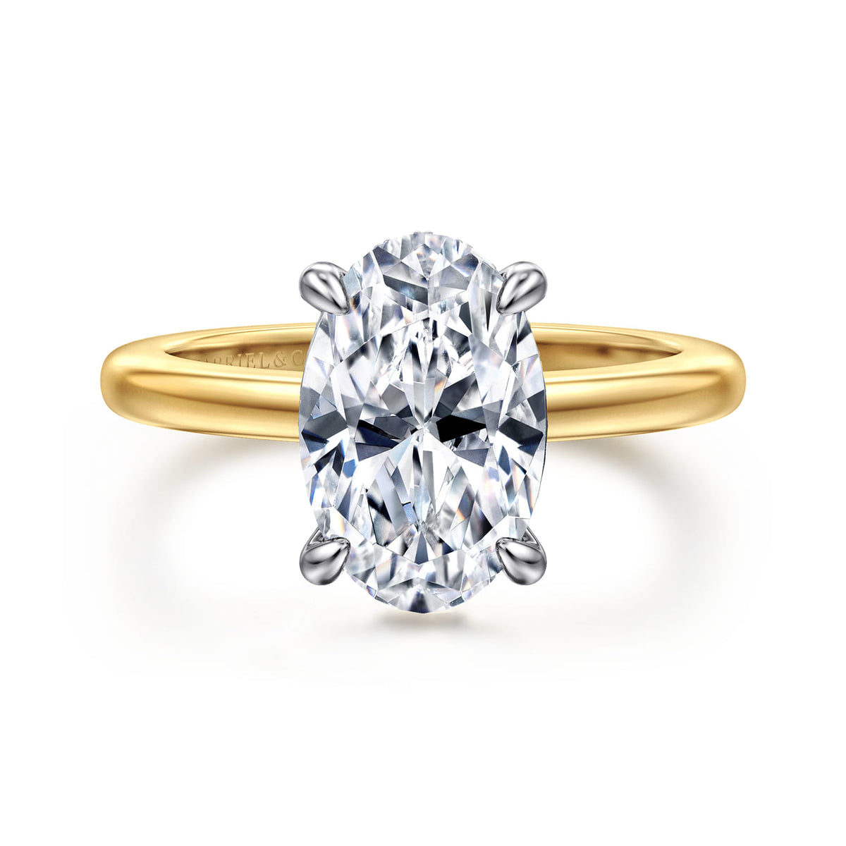 14K White-Yellow Gold Oval Solitaire Diamond Engagement Ring — Gabriel & Co. ER16978O12M44JJ; center stone shown for illustration, not included
