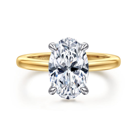 14K White-Yellow Gold Oval Solitaire Diamond Engagement Ring — Gabriel & Co. ER16978O12M44JJ; center stone shown for illustration, not included
