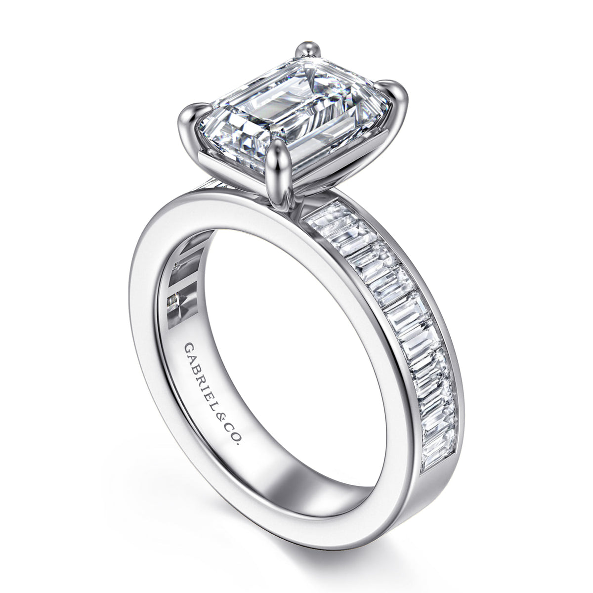 14K White Gold Emerald Cut Diamond Engagement Ring — Gabriel & Co. ER16979E12W43JJ; center stone shown for illustration, not included