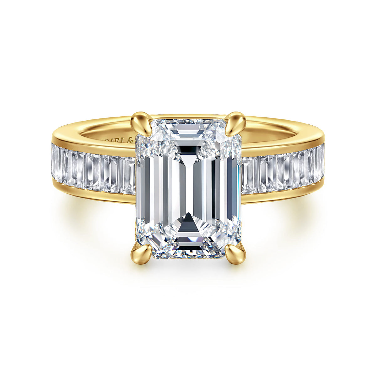 14K Yellow Gold Emerald Cut Diamond Engagement Ring — Gabriel & Co. ER16979E16Y43JJ; center stone shown for illustration, not included
