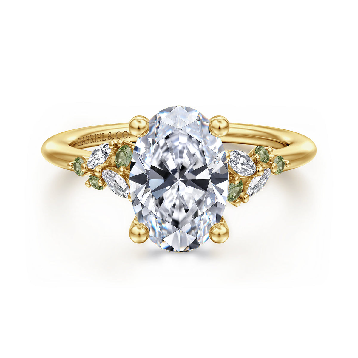 14K Yellow Gold Oval Green Sapphire and Diamond Engagement Ring — Gabriel & Co. ER16980O8Y43GS; center stone shown for illustration, not included
