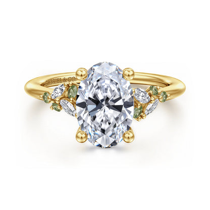 14K Yellow Gold Oval Green Sapphire and Diamond Engagement Ring — Gabriel & Co. ER16980O8Y43GS; center stone shown for illustration, not included