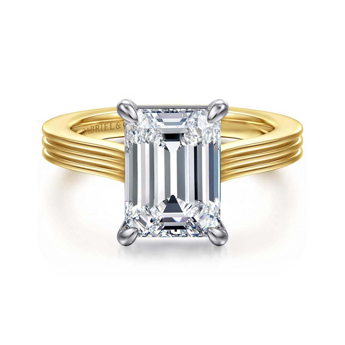14K White-Yellow Gold Emerald Cut Solitaire Diamond Engagement Ring — Gabriel & Co. ER16981E12M4JJJ; center stone shown for illustration, not included