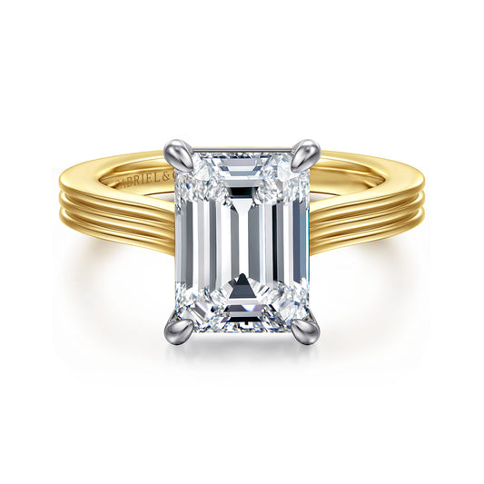 14K White-Yellow Gold Emerald Cut Solitaire Diamond Engagement Ring — Gabriel & Co. ER16981E12M4JJJ; center stone shown for illustration, not included