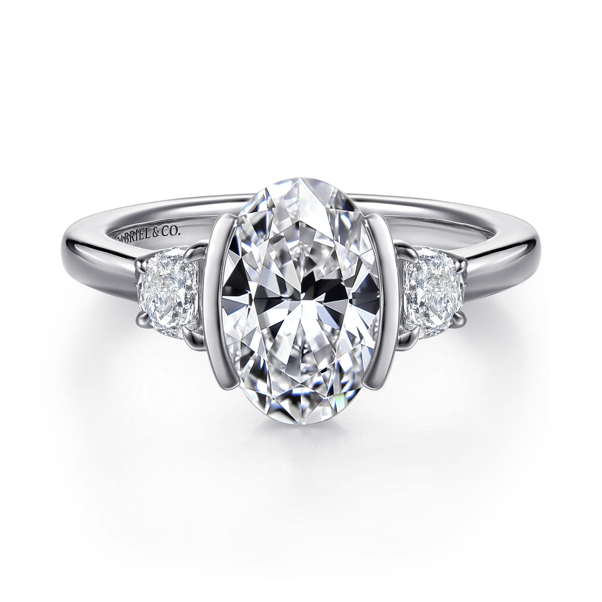 14K White Gold Half Bezel Oval Three Stone Diamond Engagement Ring — Gabriel & Co. ER16983O8W43JJ; center stone shown for illustration, not included