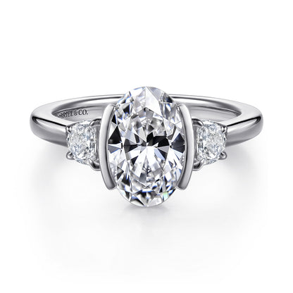 14K White Gold Half Bezel Oval Three Stone Diamond Engagement Ring — Gabriel & Co. ER16983O8W43JJ; center stone shown for illustration, not included