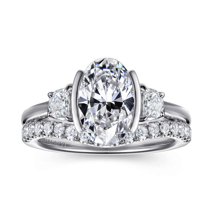 14K White Gold Half Bezel Oval Three Stone Diamond Engagement Ring — Gabriel & Co. ER16983O8W43JJ; center stone shown for illustration, not included