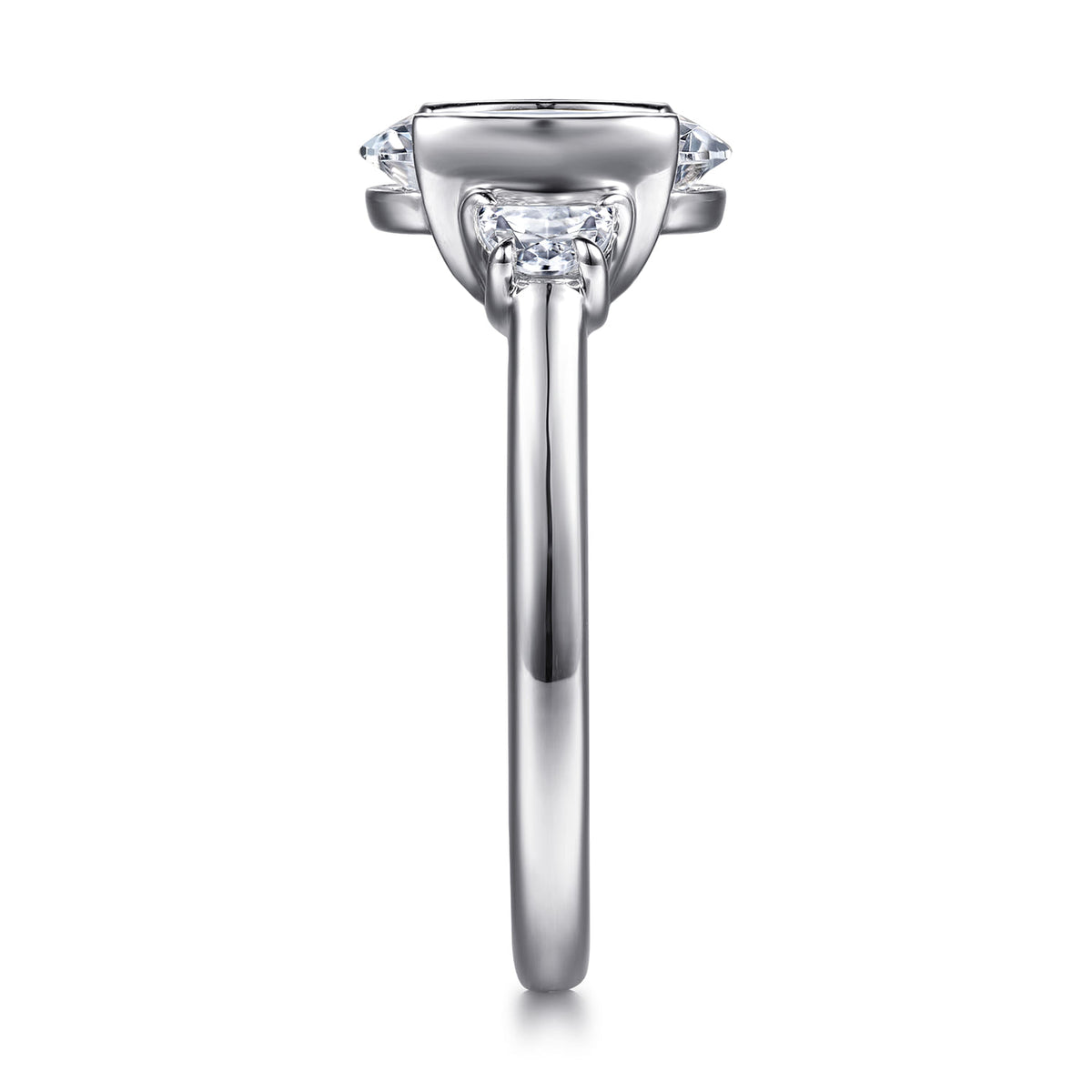 14K White Gold Half Bezel Oval Three Stone Diamond Engagement Ring — Gabriel & Co. ER16983O8W43JJ; center stone shown for illustration, not included