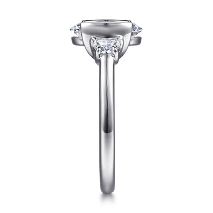 14K White Gold Half Bezel Oval Three Stone Diamond Engagement Ring — Gabriel & Co. ER16983O8W43JJ; center stone shown for illustration, not included