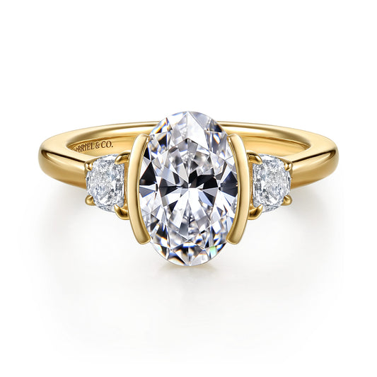 14K Yellow Gold Half Bezel Oval Three Stone Diamond Engagement Ring — Gabriel & Co. ER16983O8Y43JJ; center stone shown for illustration, not included