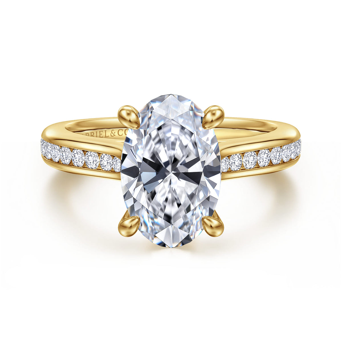 14K Yellow Gold Oval Channel Set Cathedral Diamond Engagement Ring — Gabriel & Co. ER16993O12Y44JJ; center stone shown for illustration, not included