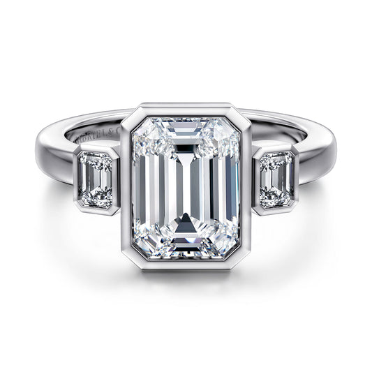 14K White Gold Emerald Cut Three Stone Diamond Engagement Ring — Gabriel & Co. ER16995E12W43JJ; center stone shown for illustration, not included