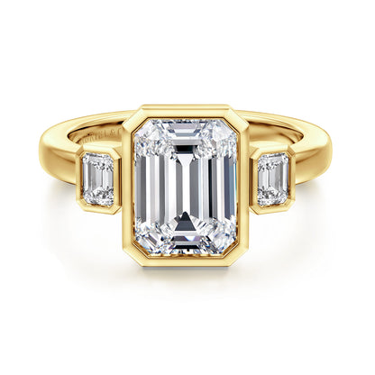 14K Yellow Gold Emerald Cut Three Stone Bezel Diamond Engagement Ring — Gabriel & Co. ER16995E12Y43JJ; center stone shown for illustration, not included