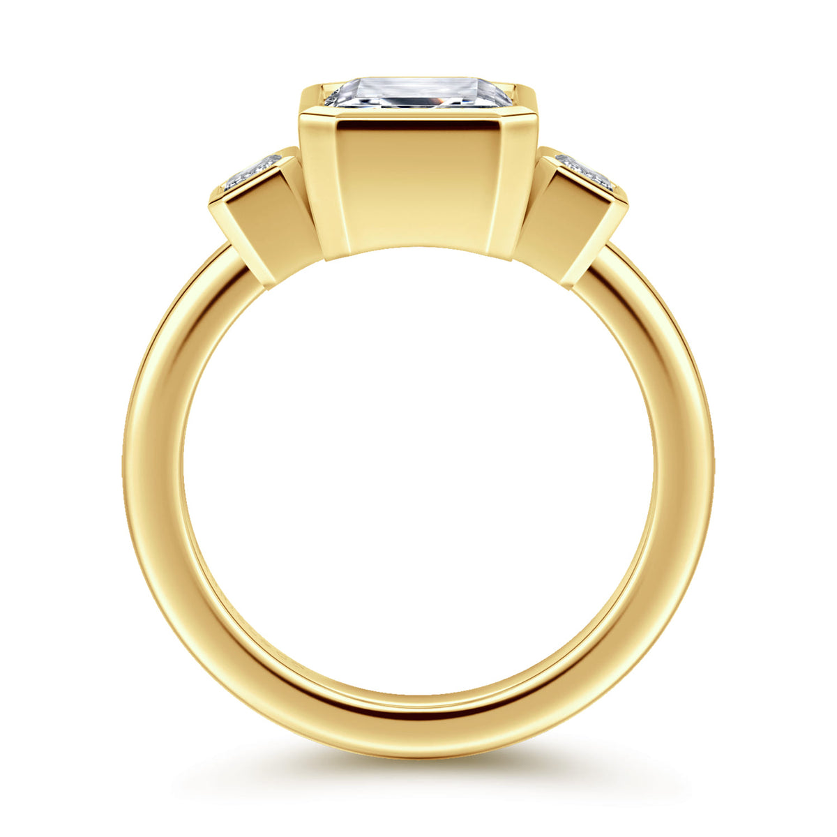 14K Yellow Gold Emerald Cut Three Stone Bezel Diamond Engagement Ring — Gabriel & Co. ER16995E12Y43JJ; center stone shown for illustration, not included