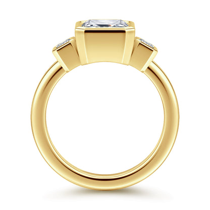14K Yellow Gold Emerald Cut Three Stone Bezel Diamond Engagement Ring — Gabriel & Co. ER16995E12Y43JJ; center stone shown for illustration, not included