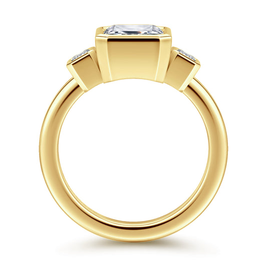 14K Yellow Gold Emerald Cut Three Stone Bezel Diamond Engagement Ring — Gabriel & Co. ER16995E12Y43JJ; center stone shown for illustration, not included