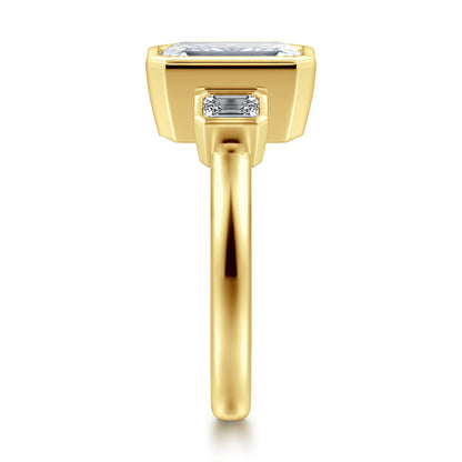 14K Yellow Gold Emerald Cut Three Stone Bezel Diamond Engagement Ring — Gabriel & Co. ER16995E12Y43JJ; center stone shown for illustration, not included