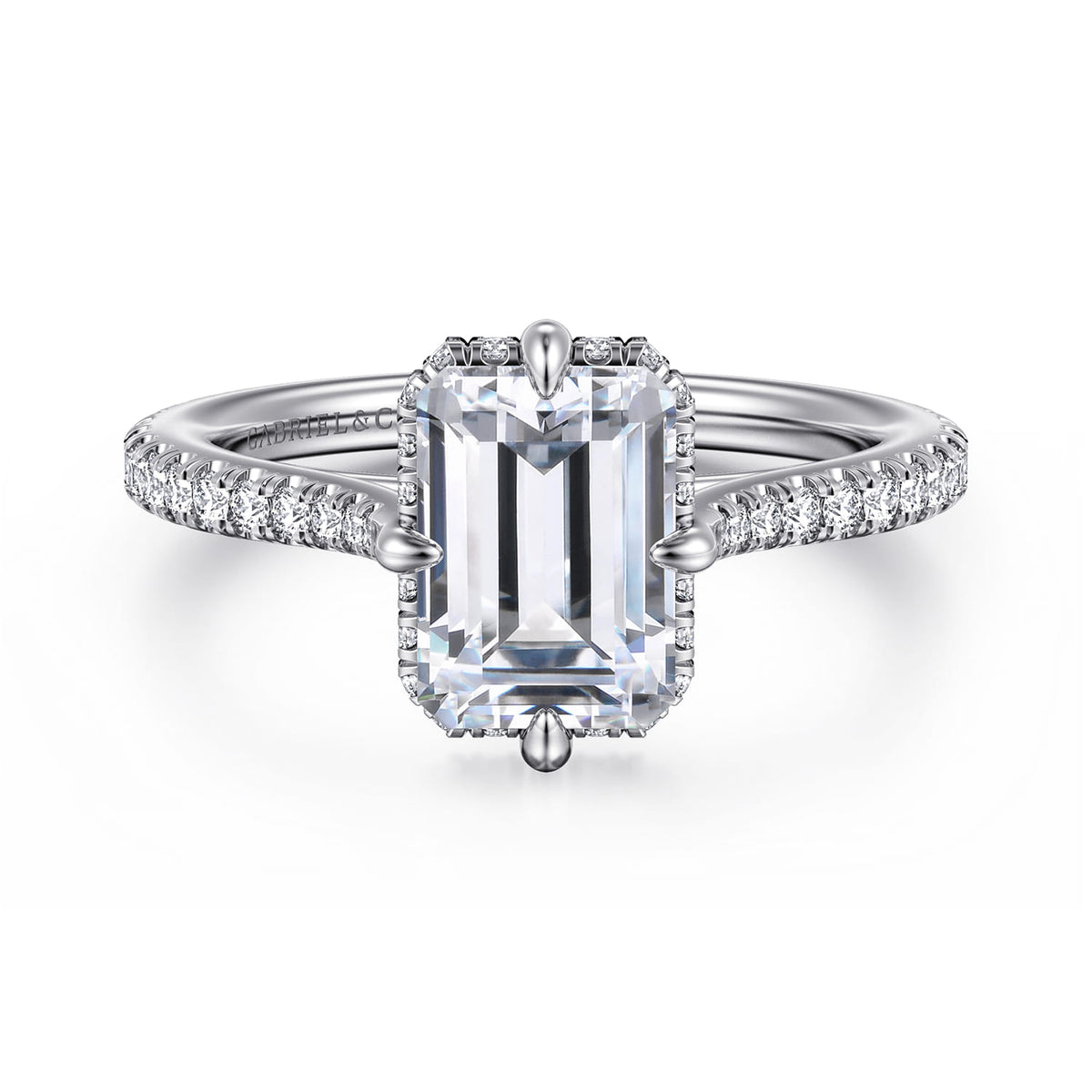 14K White Gold Compass Prong Emerald Cut Diamond Engagement Ring — Gabriel & Co. ER16997E8W44JJ; center stone shown for illustration, not included