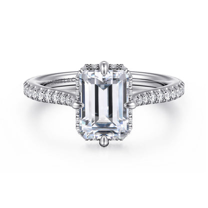 14K White Gold Compass Prong Emerald Cut Diamond Engagement Ring — Gabriel & Co. ER16997E8W44JJ; center stone shown for illustration, not included