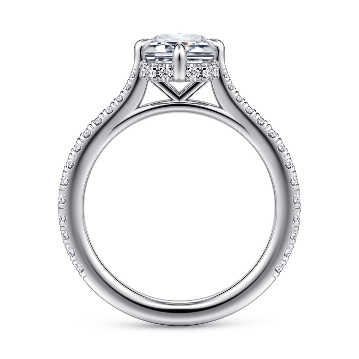 14K White Gold Compass Prong Emerald Cut Diamond Engagement Ring — Gabriel & Co. ER16997E8W44JJ; center stone shown for illustration, not included