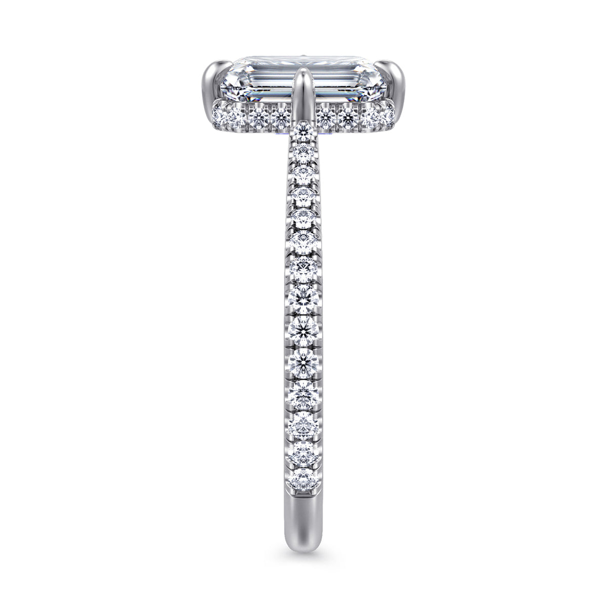 14K White Gold Compass Prong Emerald Cut Diamond Engagement Ring — Gabriel & Co. ER16997E8W44JJ; center stone shown for illustration, not included