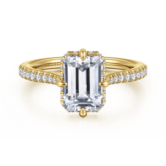 14K Yellow Gold Compass Prong Emerald Cut Diamond Engagement Ring — Gabriel & Co. ER16997E8Y44JJ; center stone shown for illustration, not included