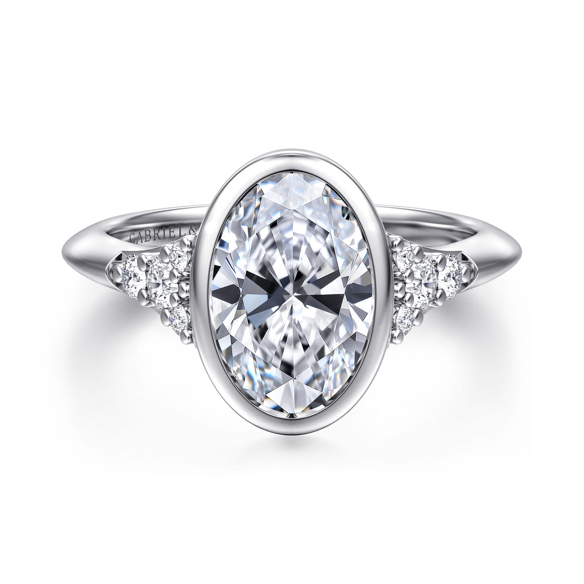 14K White Gold Bezel Set Oval Diamond Engagement Ring — Gabriel & Co. ER16998O8W44JJ; center stone shown for illustration, not included