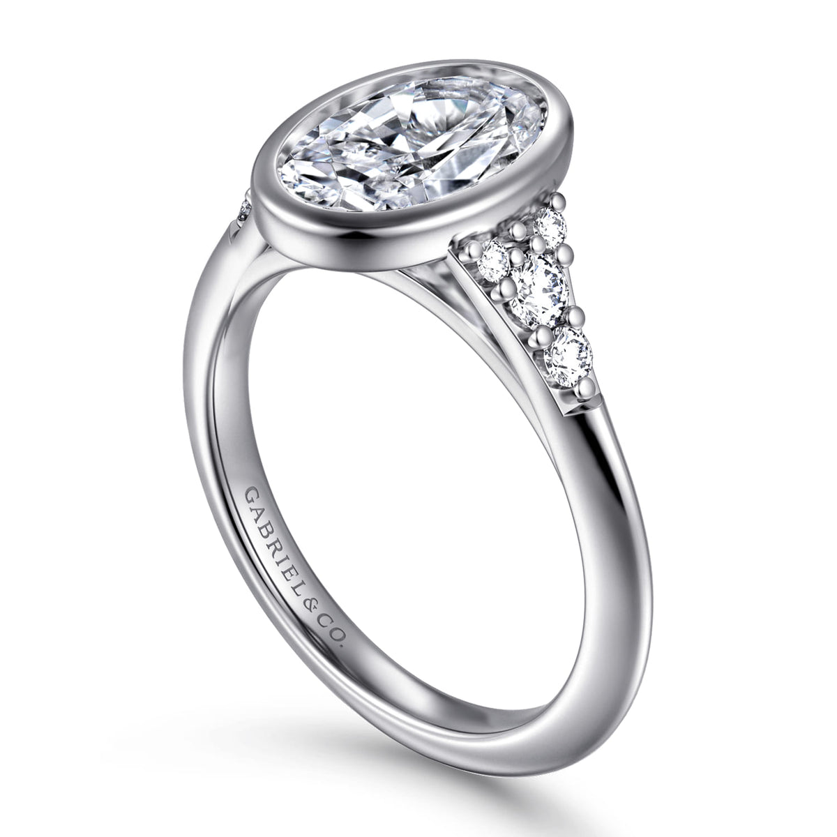 14K White Gold Bezel Set Oval Diamond Engagement Ring — Gabriel & Co. ER16998O8W44JJ; center stone shown for illustration, not included