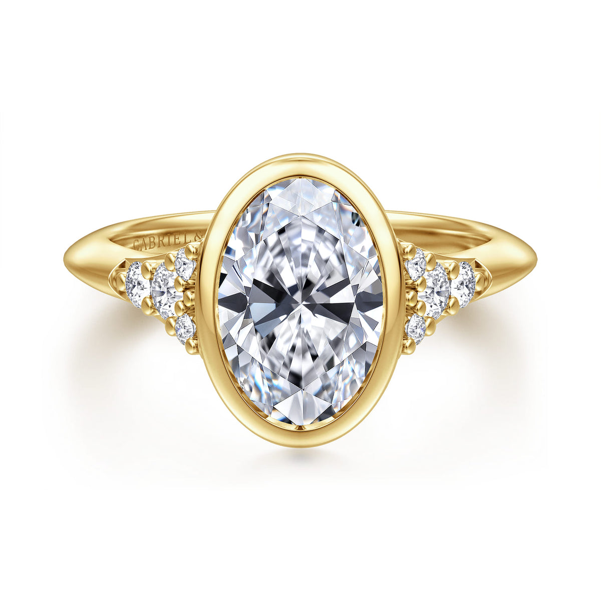 14K Yellow Gold Bezel Set Oval Diamond Engagement Ring — Gabriel & Co. ER16998O8Y44JJ; center stone shown for illustration, not included