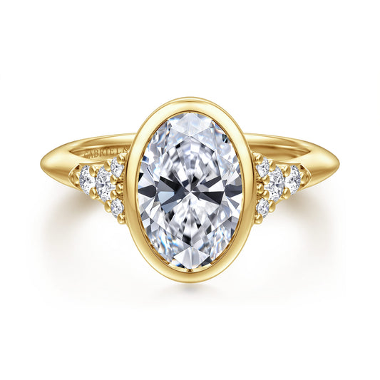 14K Yellow Gold Bezel Set Oval Diamond Engagement Ring — Gabriel & Co. ER16998O8Y44JJ; center stone shown for illustration, not included