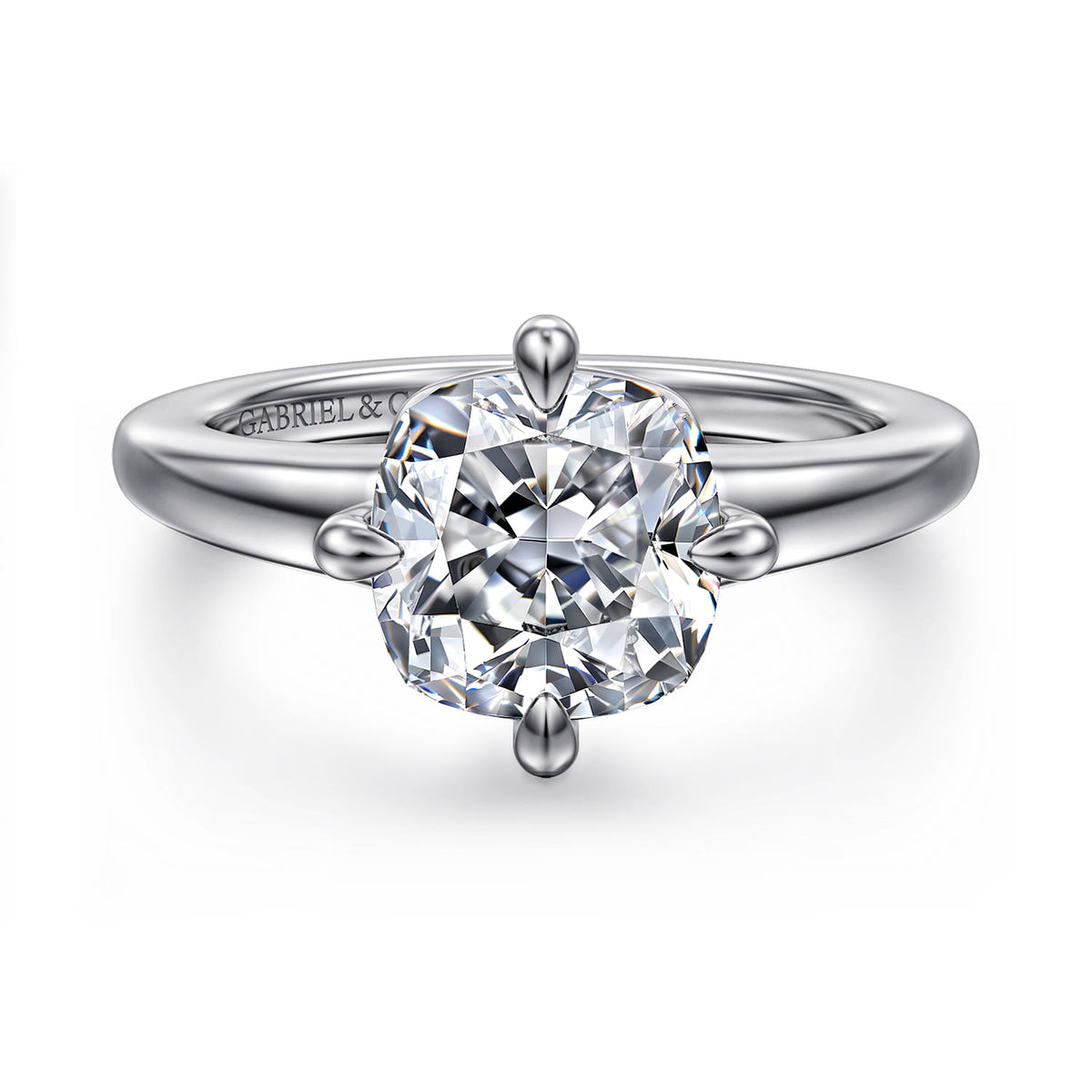 14K White Gold Cushion Cut Solitaire Diamond Engagement Ring — Gabriel & Co. ER16999C12W4JJJ; center stone shown for illustration, not included