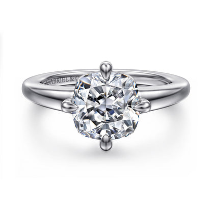 14K White Gold Cushion Cut Solitaire Diamond Engagement Ring — Gabriel & Co. ER16999C12W4JJJ; center stone shown for illustration, not included