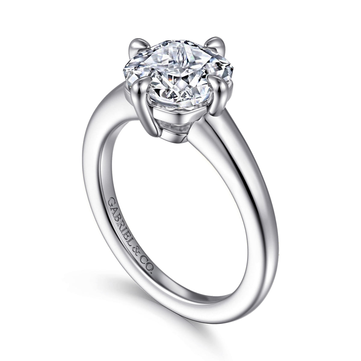 14K White Gold Cushion Cut Solitaire Diamond Engagement Ring — Gabriel & Co. ER16999C12W4JJJ; center stone shown for illustration, not included