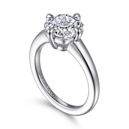 14K White Gold Cushion Cut Solitaire Diamond Engagement Ring — Gabriel & Co. ER16999C12W4JJJ; center stone shown for illustration, not included