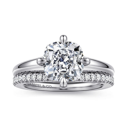 14K White Gold Cushion Cut Solitaire Diamond Engagement Ring — Gabriel & Co. ER16999C12W4JJJ; center stone shown for illustration, not included
