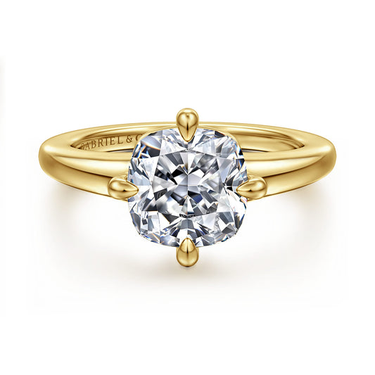 14K Yellow Gold Cushion Cut Solitaire Diamond Engagement Ring — Gabriel & Co. ER16999C12Y4JJJ; center stone shown for illustration, not included
