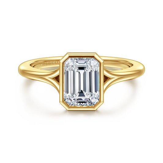 14K Yellow Gold Bezel Set Emerald Cut Solitaire Diamond Engagement Ring — Gabriel & Co. ER17000E6Y4JJJ; center stone shown for illustration, not included