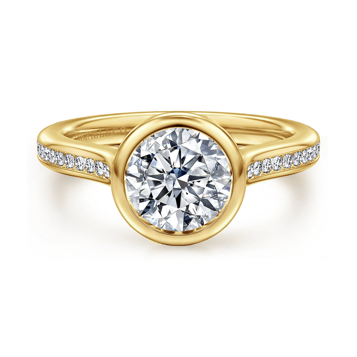14K Yellow Gold Bezel Set Round Diamond Engagement Ring — Gabriel & Co. ER17010R6Y44JJ; center stone shown for illustration, not included