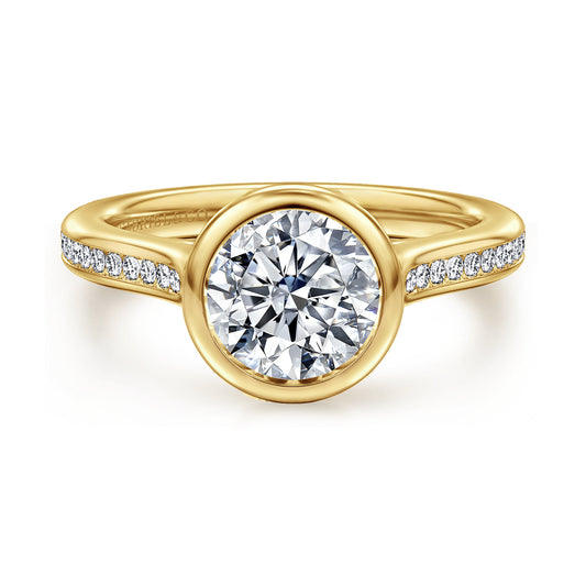 14K Yellow Gold Bezel Set Round Diamond Engagement Ring — Gabriel & Co. ER17010R6Y44JJ; center stone shown for illustration, not included