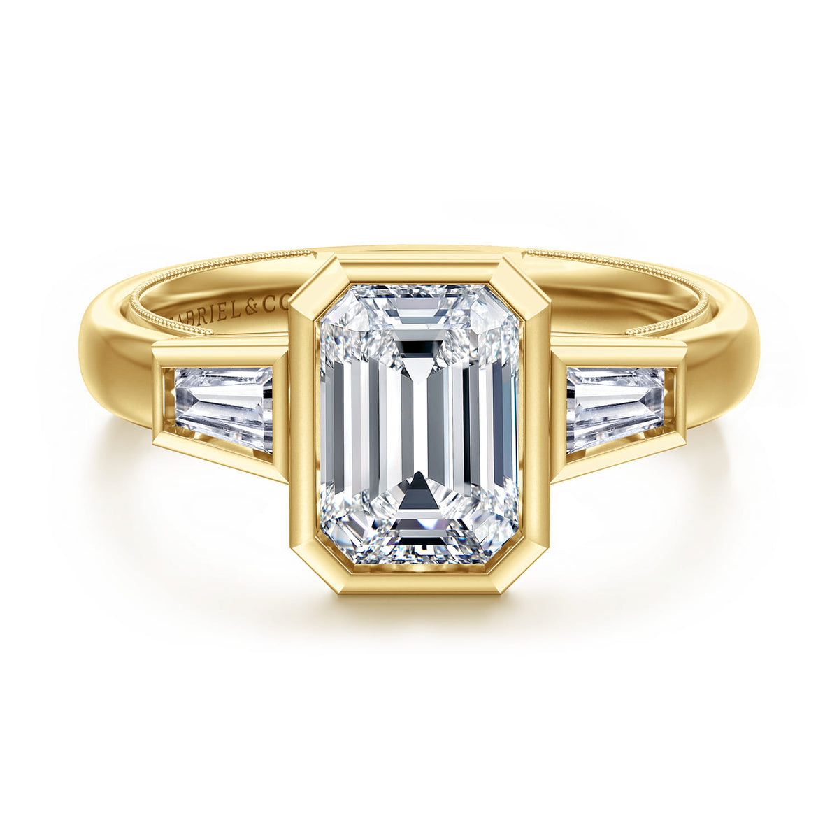 14K Yellow Gold Emerald Cut Three Stone Bezel Set Diamond Engagement Ring — Gabriel & Co. ER17014E8Y43JJ; center stone shown for illustration, not included